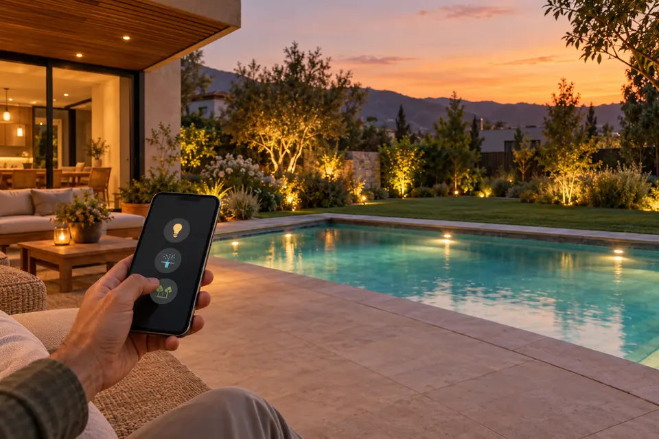 Control desde un teléfono de un espacio exterior con piscina