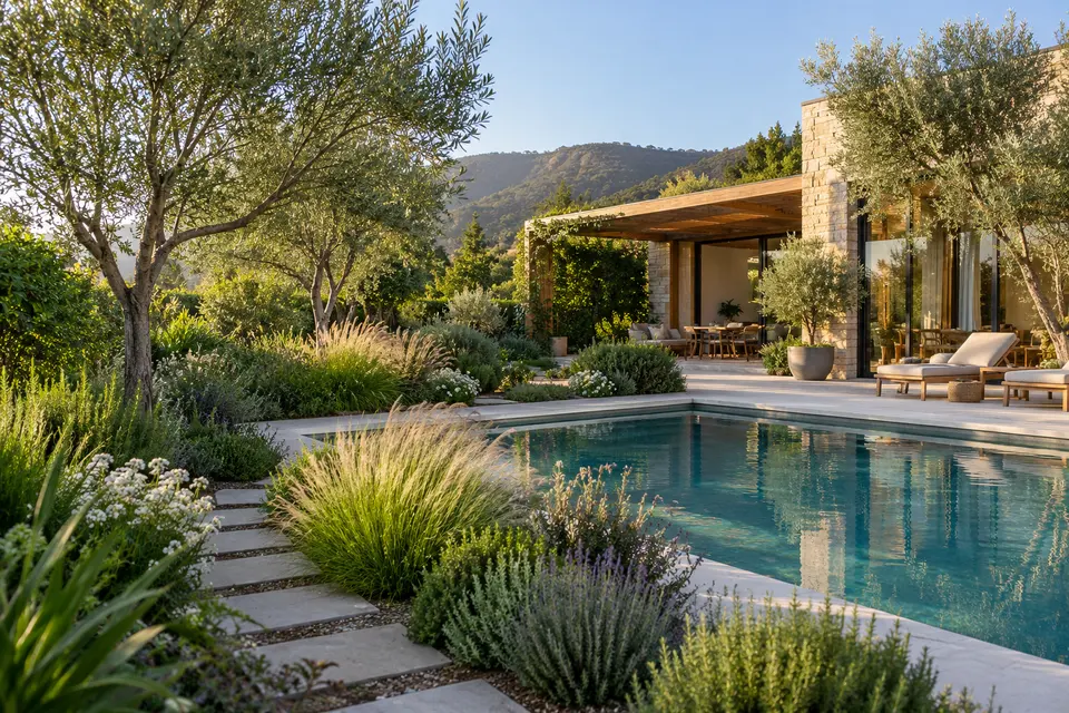 Jardín con vegetación y senderos alrededor de una piscina