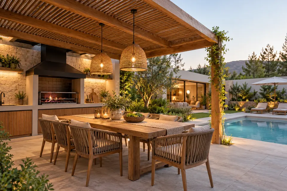 Quincho con comedor y pérgola junto a una piscina