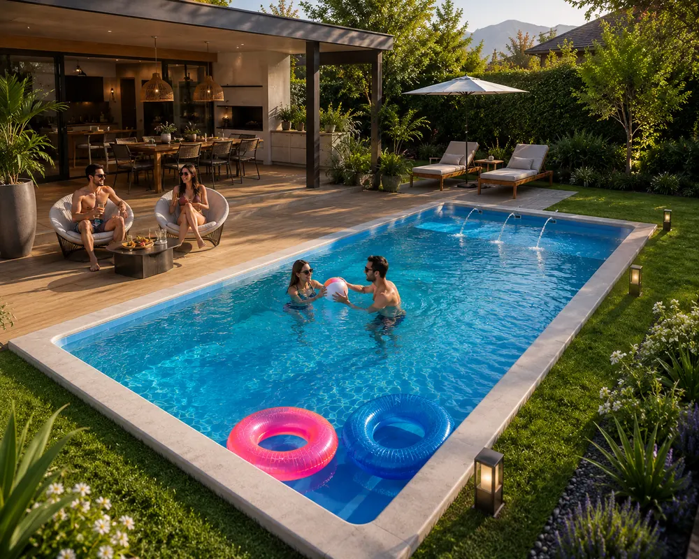 Piscina de fibra de vidrio VIVANTARA Conexión instalada en un jardín familiar