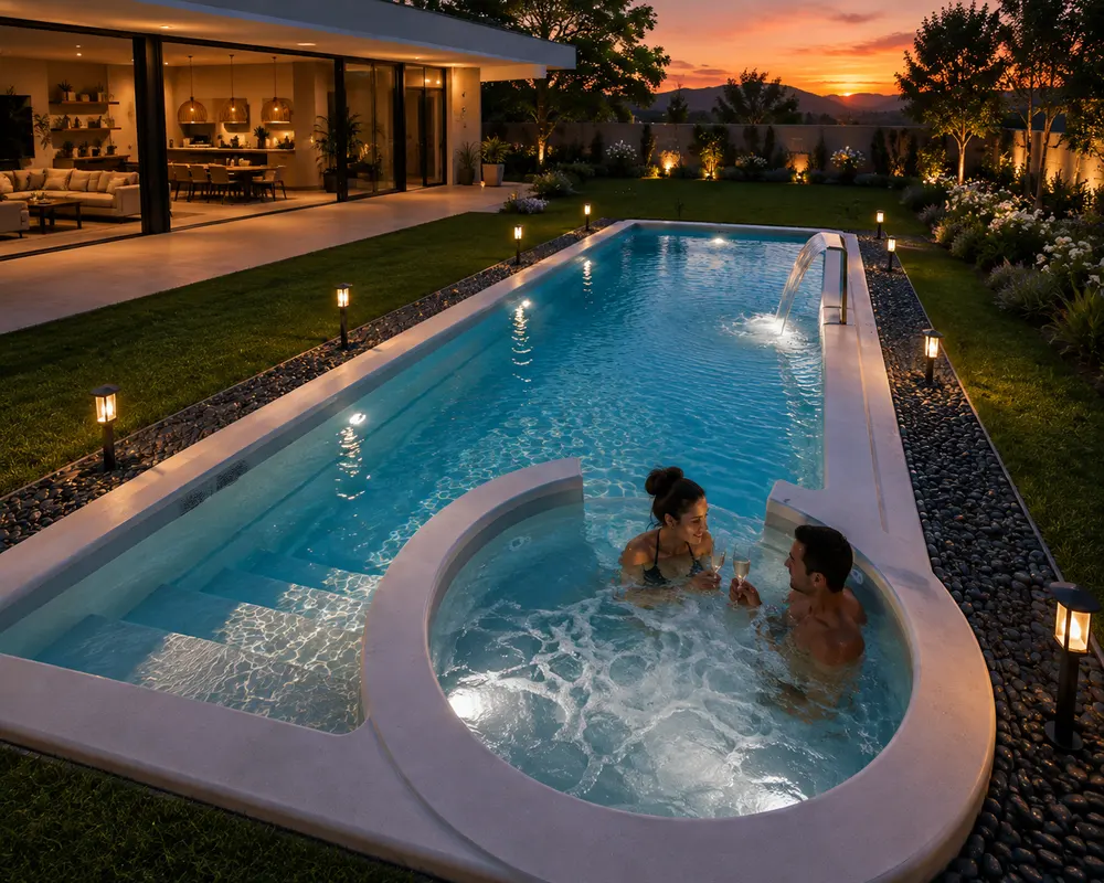Piscina de fibra de vidrio VIVANTARA Plenitud con jacuzzi integrado al atardecer