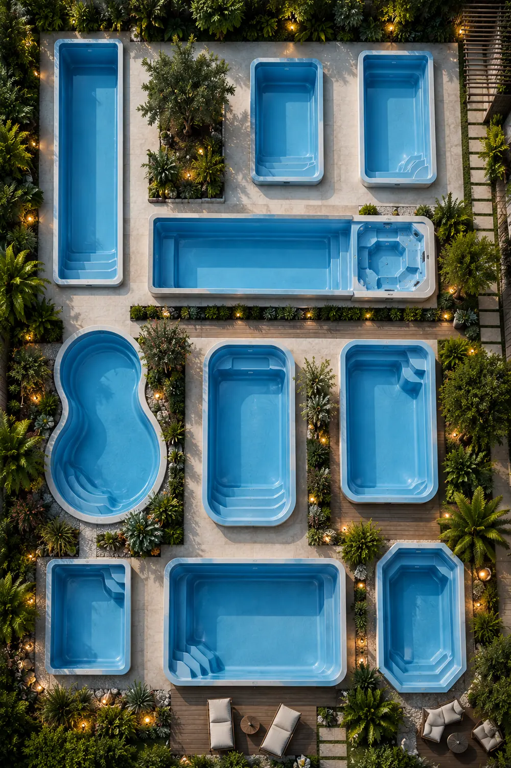 Vista superior de una selección de piscinas de fibra de vidrio de distintas formas y tamaños