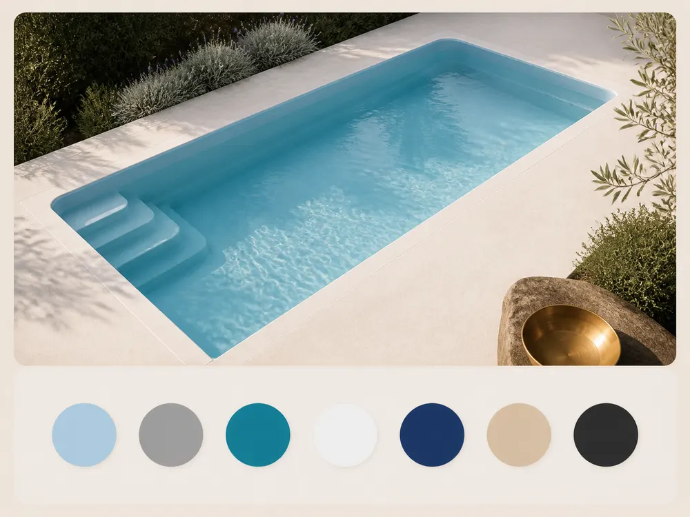 Piscina de fibra de vidrio acompañada por círculos con los colores disponibles: celeste, gris, turquesa, blanco, azul oscuro, beige y negro